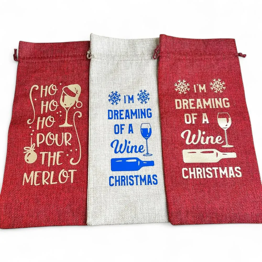 Burlap Wine Gift Bags Set of Five Christmas and Year Round Celebration